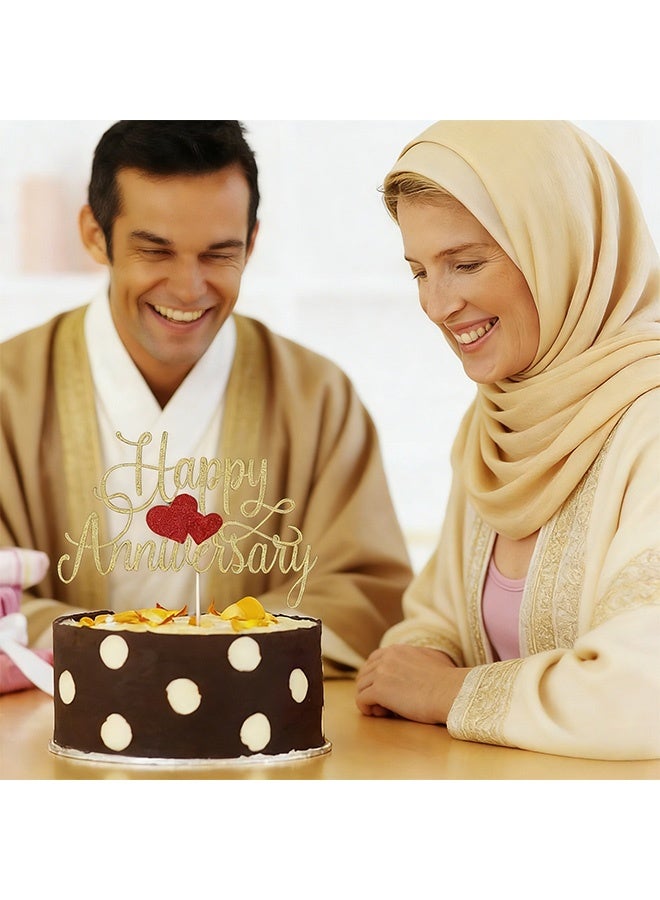 Happy Anniversary Gold Glitter Cake Topper with Red Hearts Premium Party Decoration for Wedding Anniversary Company Celebration Romantic Milestone Events Renewal of Vows Parents Anniversary Anniversary Dinner Parties - Image 3